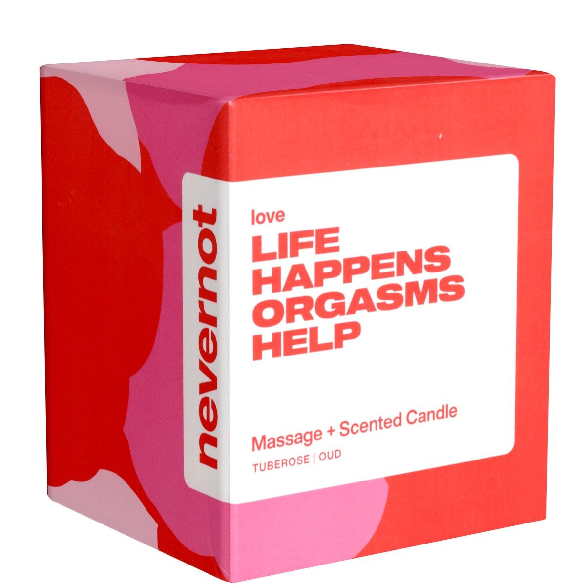 Rode verpakking met wit label en tekst. Merk: nevernot. Product: massagekaars.