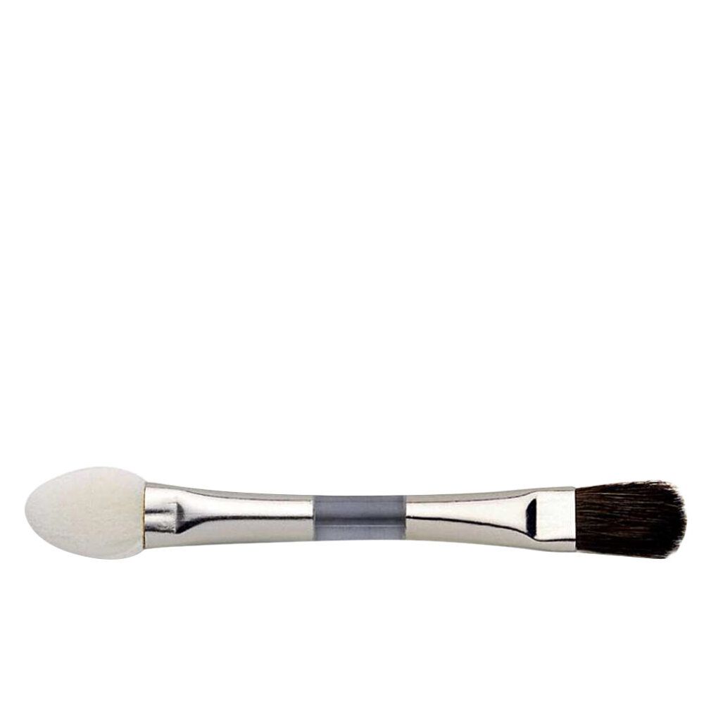 Pinceau de maquillage double. Une extrémité éponge, l'autre avec des poils foncés. Manche argenté avec section grise.