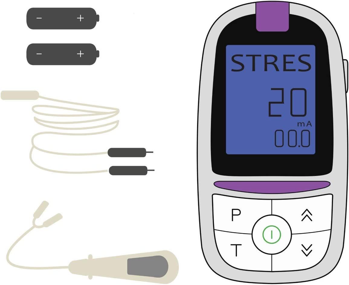 TensCare iTouch Sure apparaat, twee batterijen, kabels en sonde, schematische weergave.
