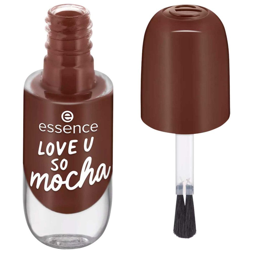 Flacon de vernis à ongles marron ouvert. Brosse visible. Inscription: Essence, Love U so mocha.