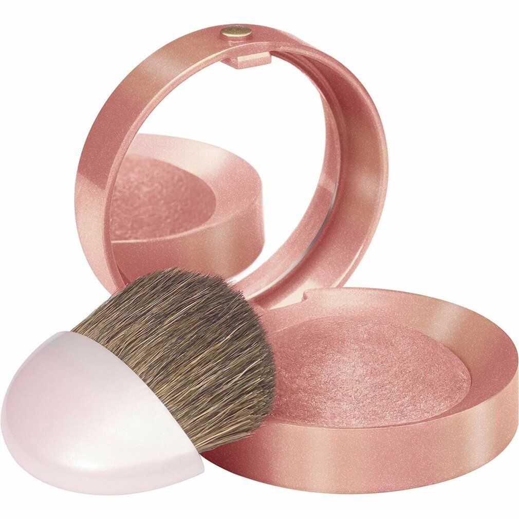 Open Bourjois Fard Blush Joues. Roze poeder, spiegel en penseel met roze handvat. Deksel met tekst.
