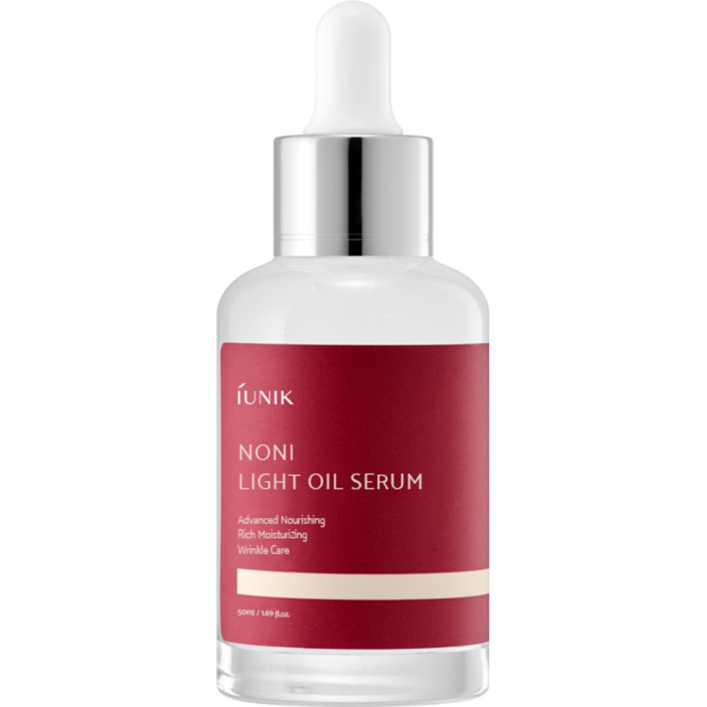 Transparante glazen fles met rood etiket. Opschrift: iUNIK Noni Light Oil Serum. Met pipet.