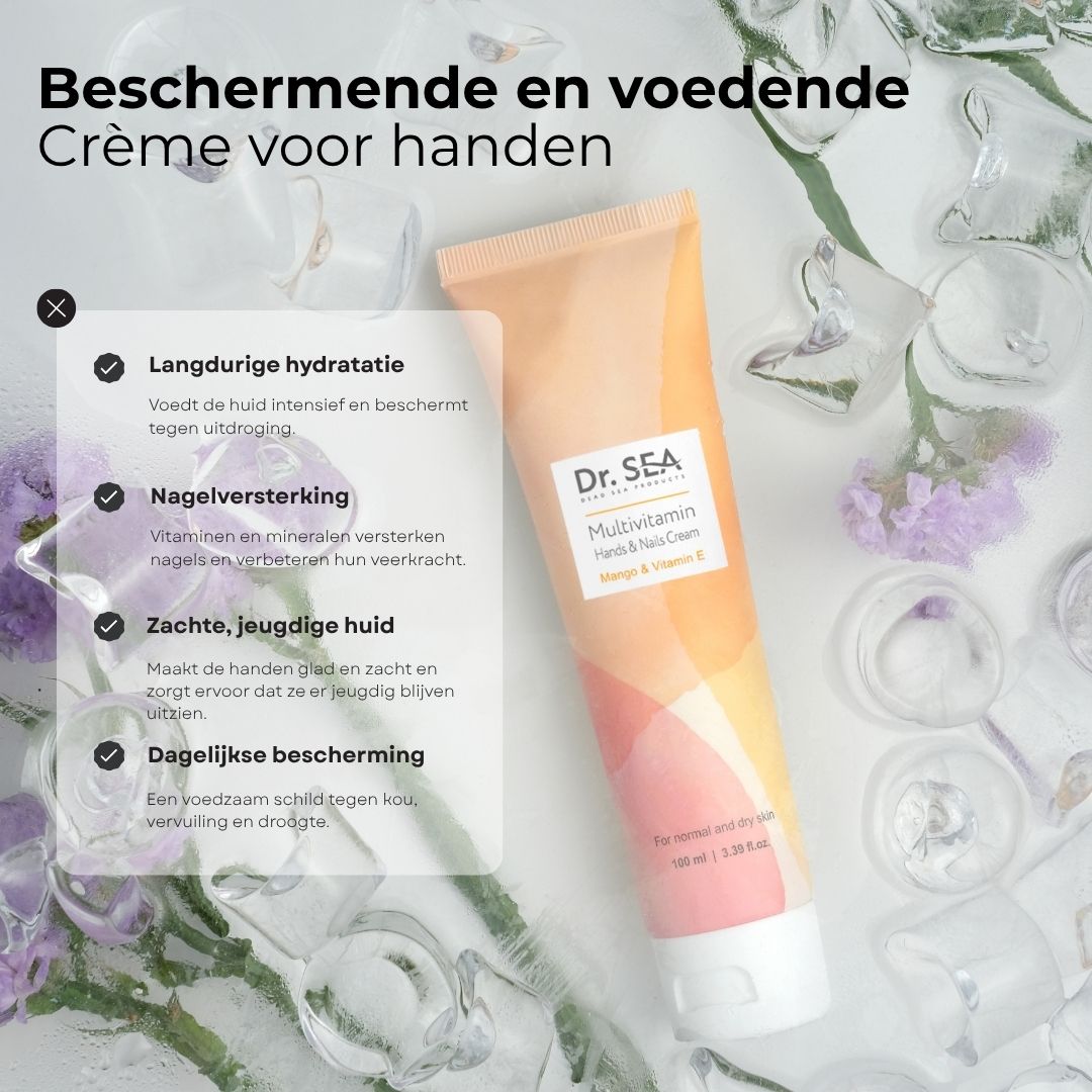 Crèmetube. Opschrift: Dr. SEA, Multivitamin, Hands & Nails Cream, Mango & Vitamin E. Tekst: Aanbevolen voor... Droge handen, rijpere handen.