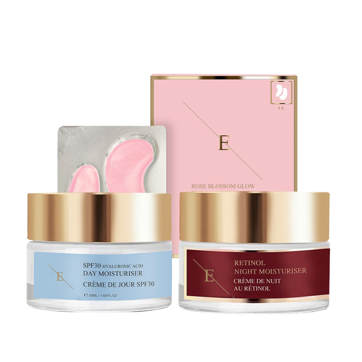 Deux pots et une boîte. Inscriptions: SPF30, Rétinol, Crème de Jour, Crème de Nuit. Couvercles dorés, emballage rose, patchs pour les yeux.