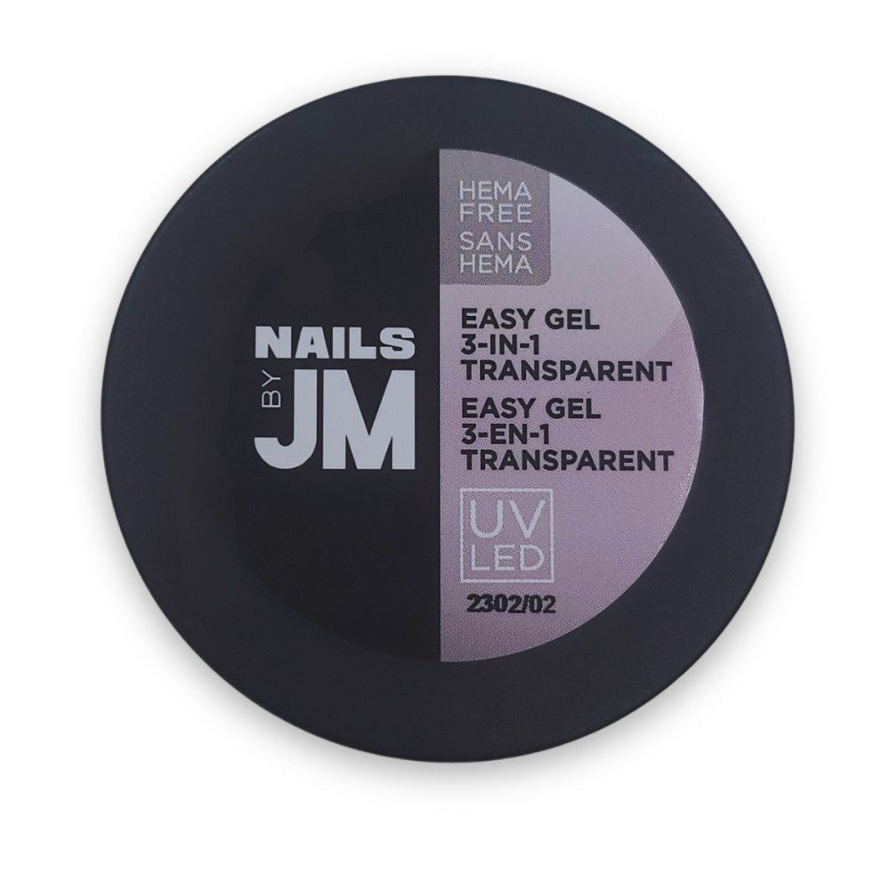 Ronde, zwarte pot. Opschrift: NAILS BY JM, EASY GEL 3-IN-1 TRANSPARENT, HEMA FREE. UV LED-logo.