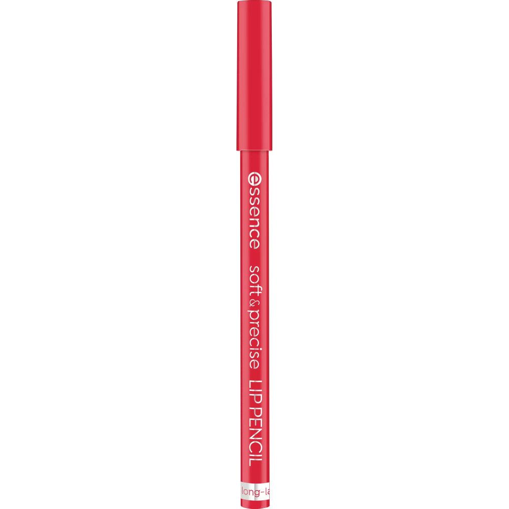 Rode lippotlood van Essence. Cilindrische vorm met punt. Opschrift: soft & precise LIP PENCIL.