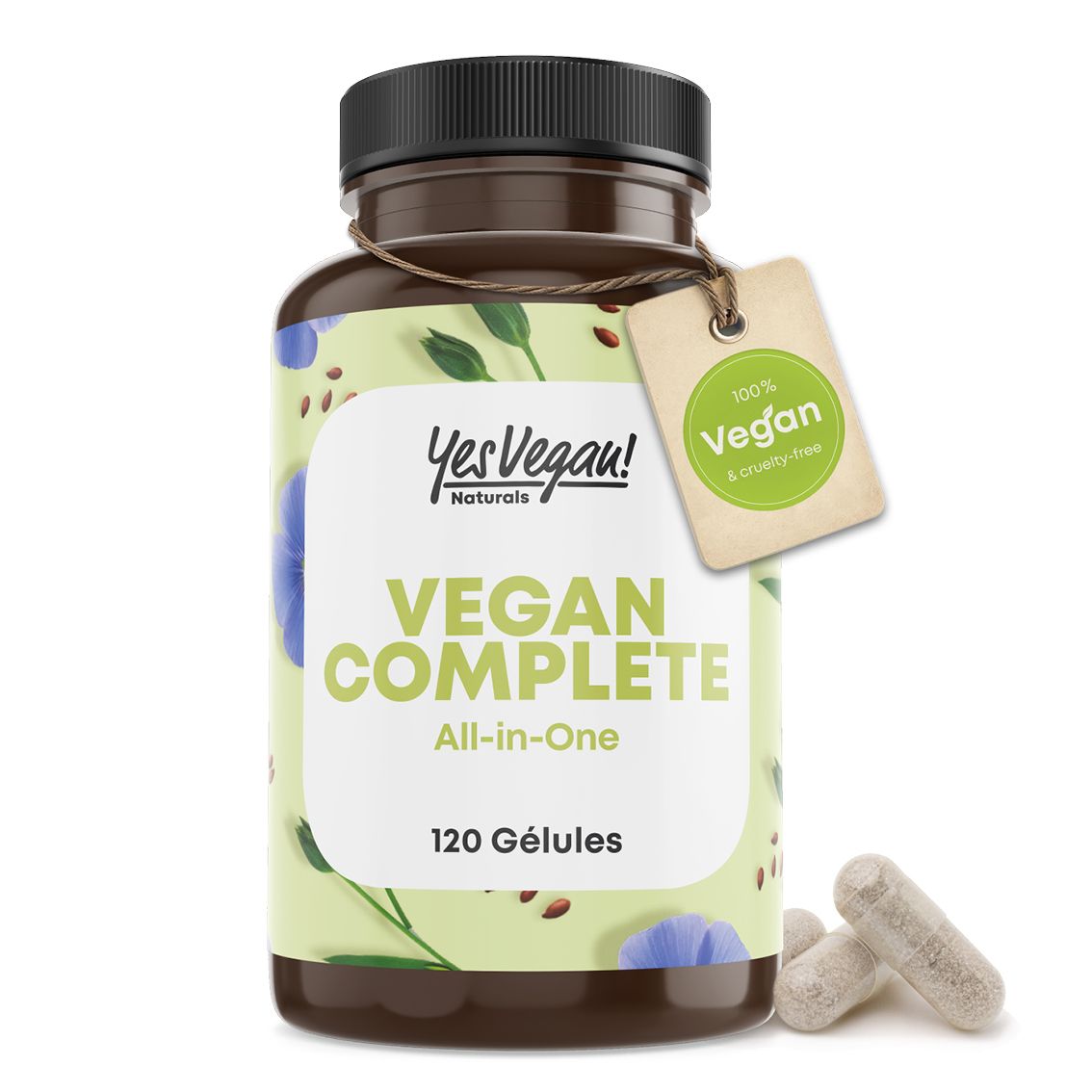 Bouteille de 120 gélules végétaliennes, Multivitamines tout-en-un, avec sceau.