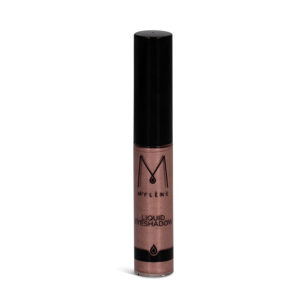 Vloeibare oogschaduw in een cilindrische fles met zwarte dop. Opschrift: Mylène, Liquid Eyeshadow.