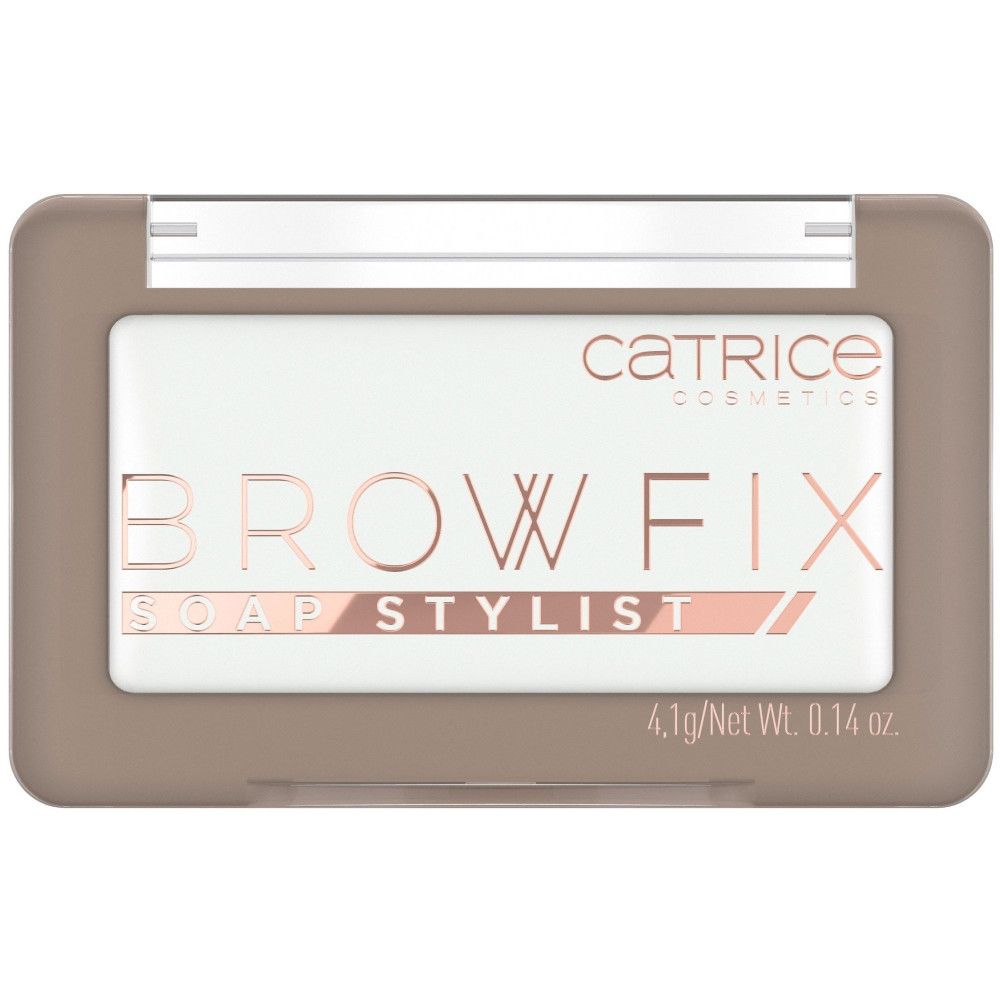 Fixateur à sourcils compact rectangulaire. Avec couvercle et nom du produit. Marque : Catrice. Texte : Brow Fix Soap Stylist. Poids net : 4,1g/0,14 oz.