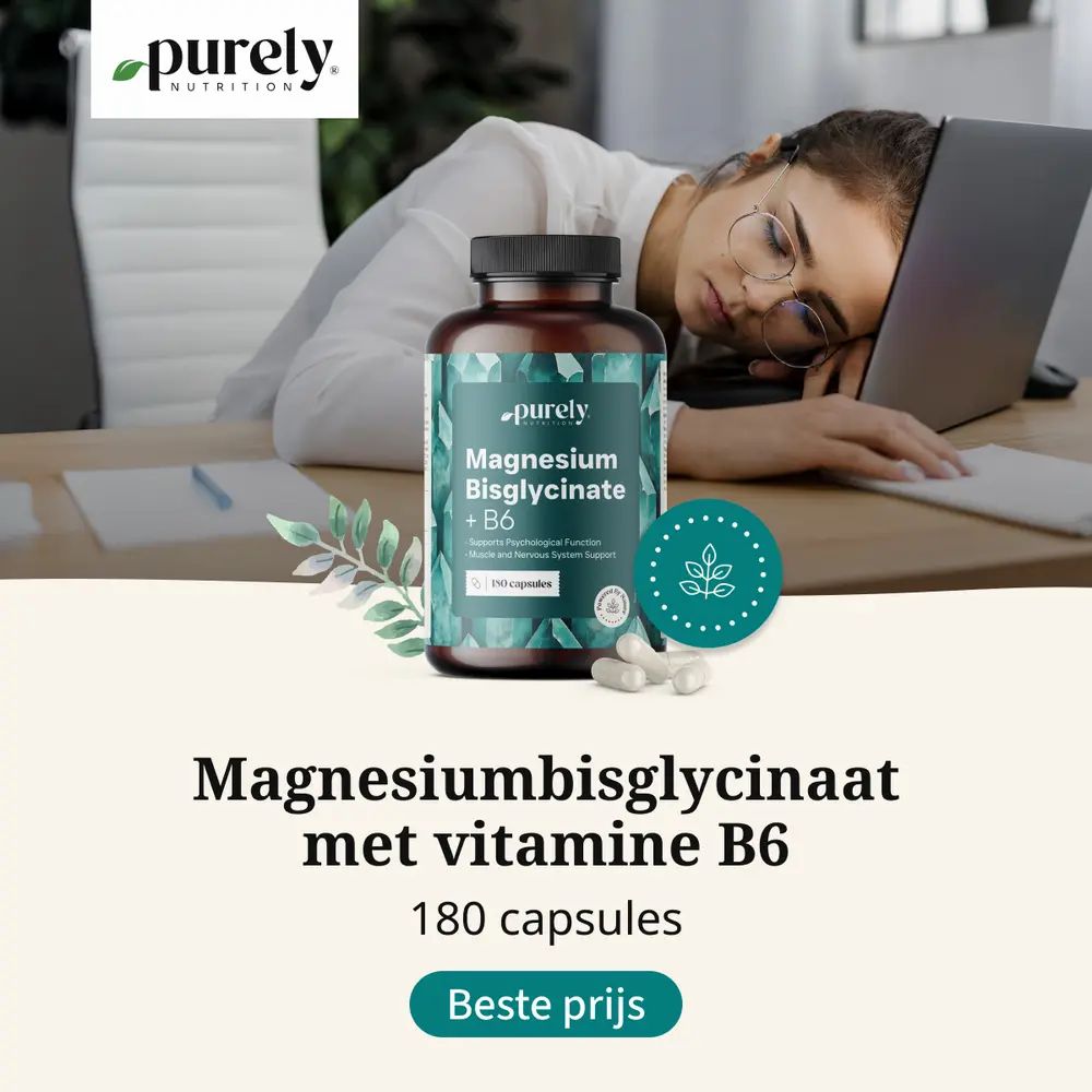 Vrouw slaapt op bureau. Fles Magnesiumbisglycinaat + B6. 180 capsules. Tekst: Beste prijs.