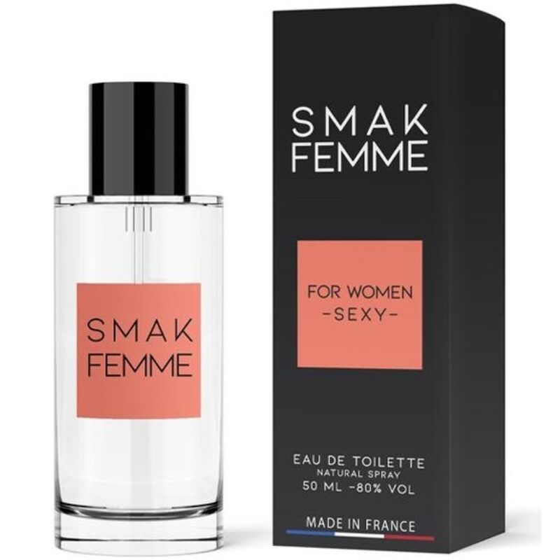 Flacon et emballage. Flacon avec "SMAK FEMME". Emballage avec "FOR WOMEN - SEXY-".
