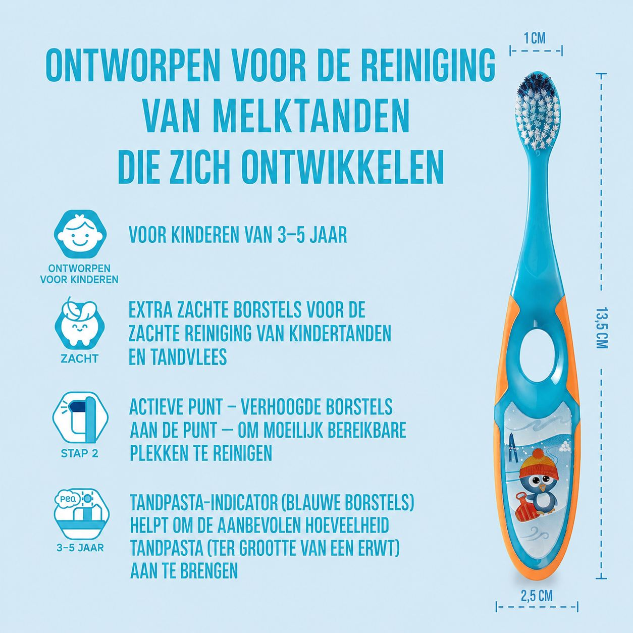 Jordan tandenborstel voor kinderen (3-5 jaar) met afmetingen en kenmerken: zachte borstels, tandpastaindicator.