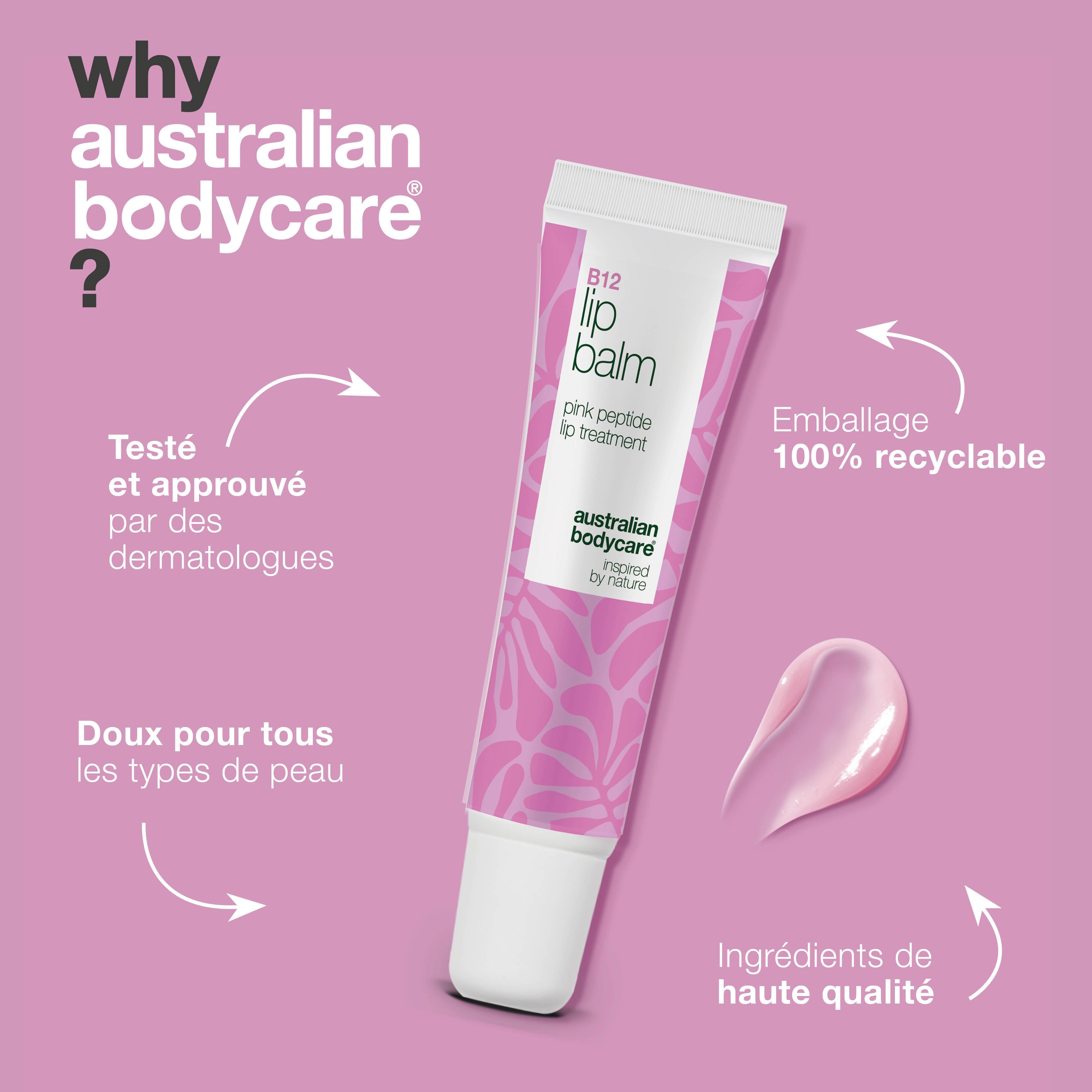 Tube de baume à lèvres. Texte : B12 Lip Balm, pink peptide. Australian Bodycare. Flèches pointent vers avantages et ingrédients.
