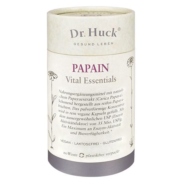 Cilindrische doos met Dr. Huck-logo en Papain-opschrift. Tekst: Vital Essentials, vegan, lactosevrij, glutenvrij.