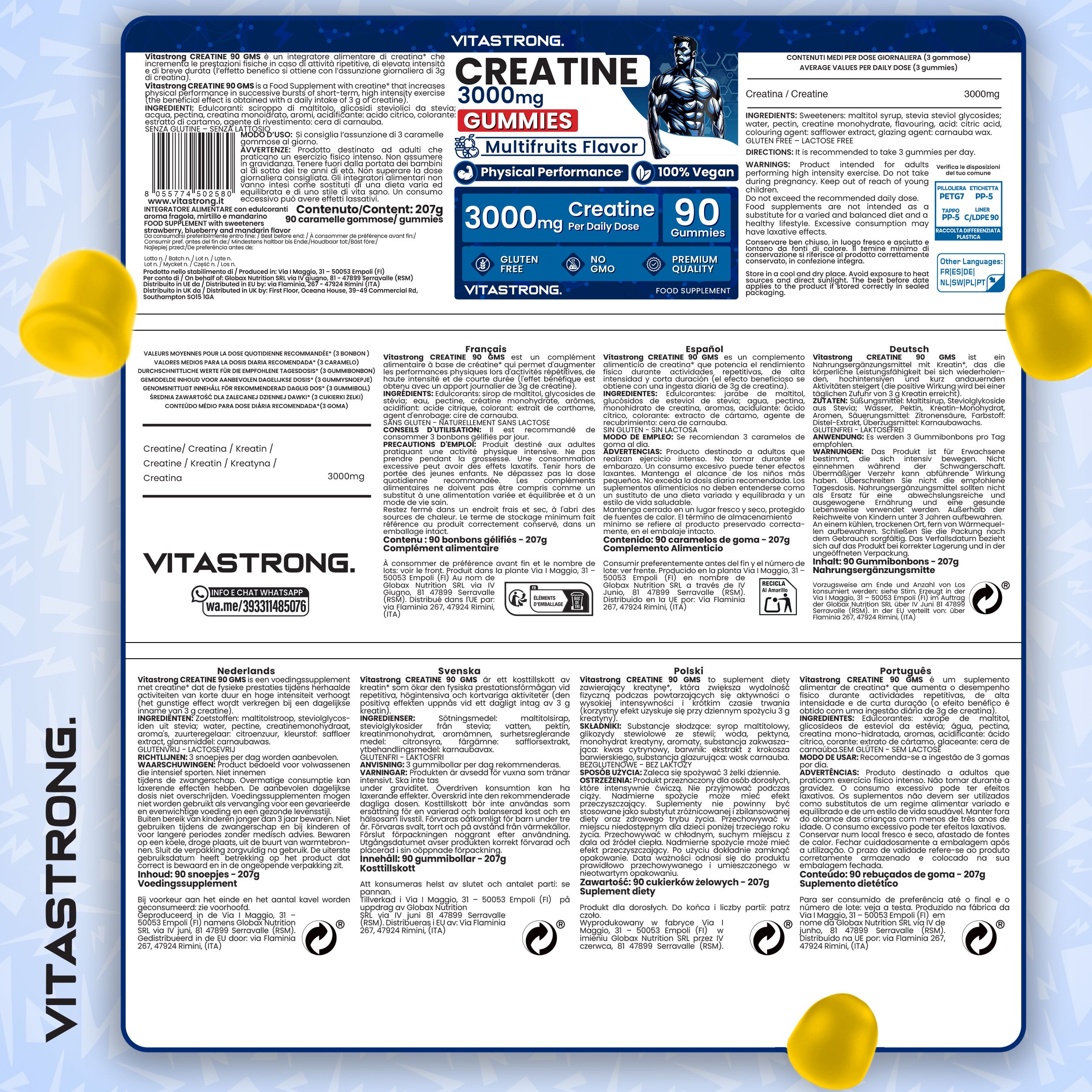 Emballage de Vitastrong Creatina Gommose. Informations produit en plusieurs langues. Gommes.