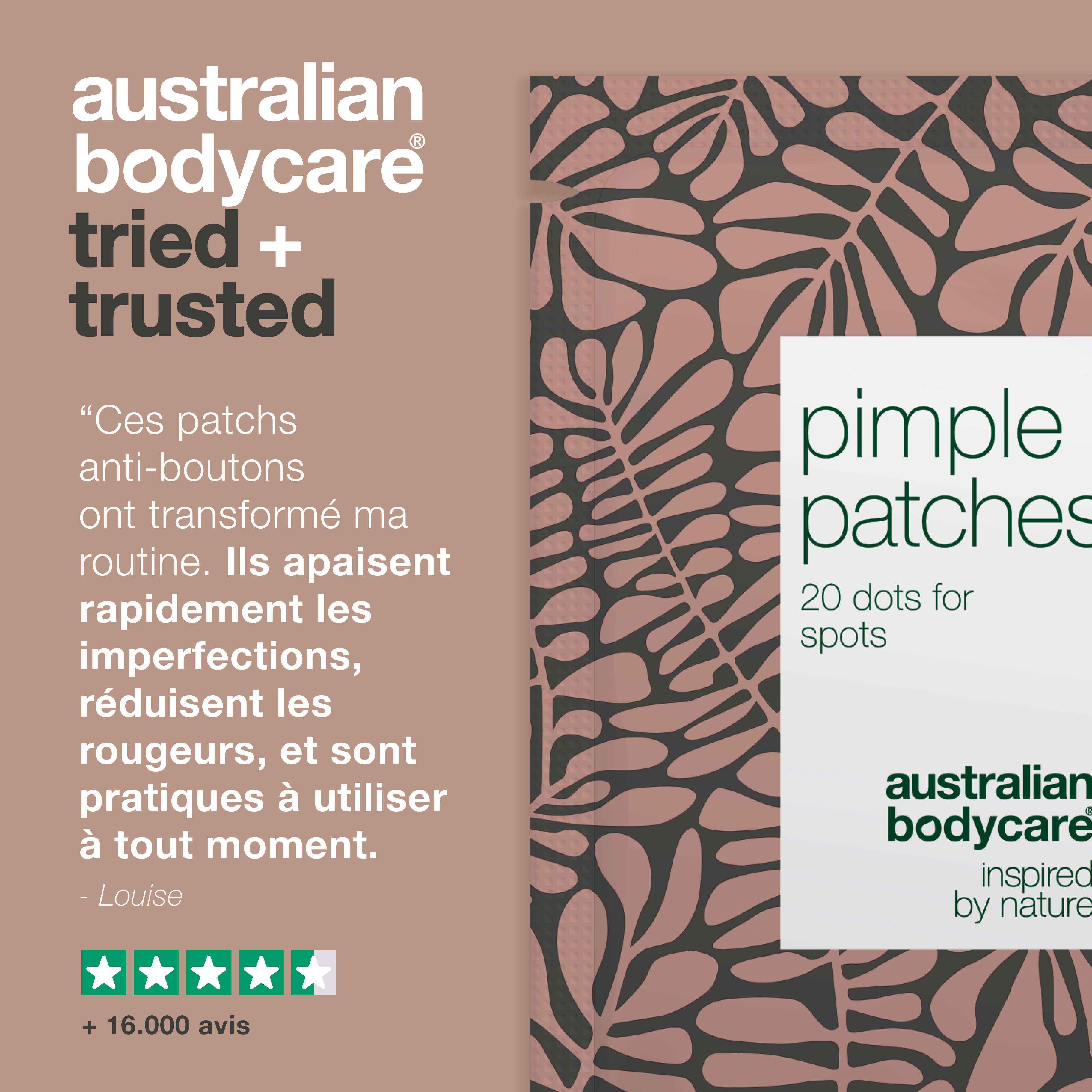 Emballage du produit. Texte : Pimple Patches, 20 points pour les boutons. Logo : Australian Bodycare. Texte : Essayé + Approuvé.