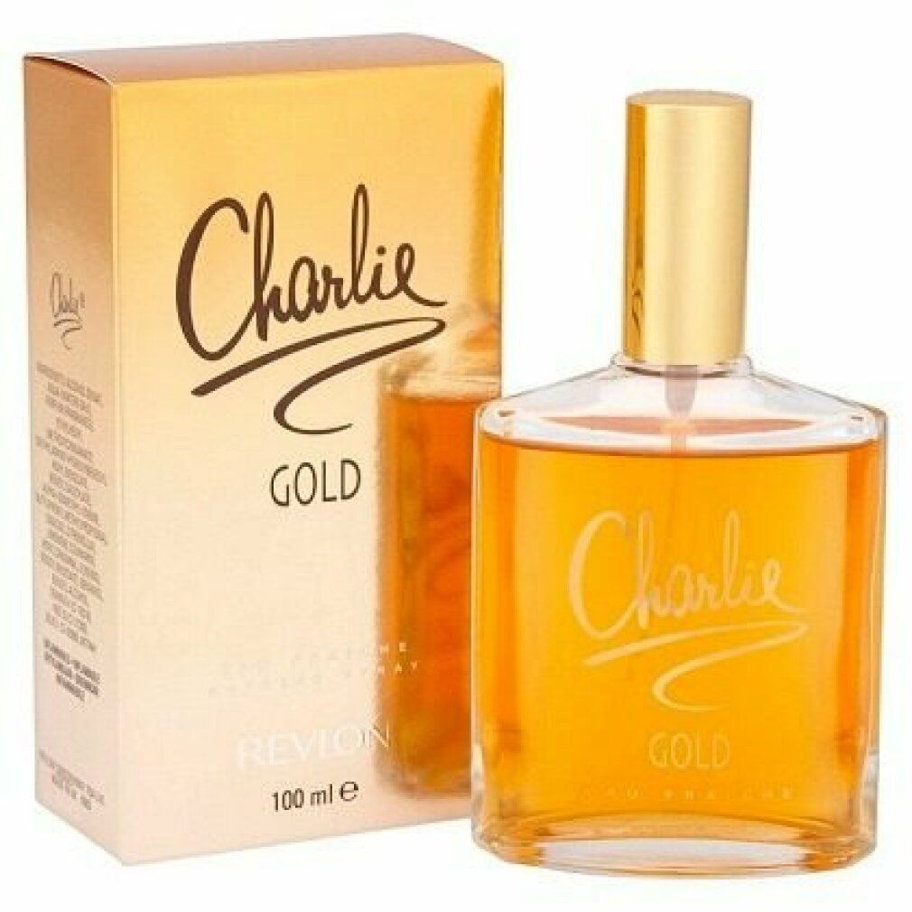 Flacon et boîte dorés. Inscription "Charlie Gold" et "Revlon". Eau de Toilette.