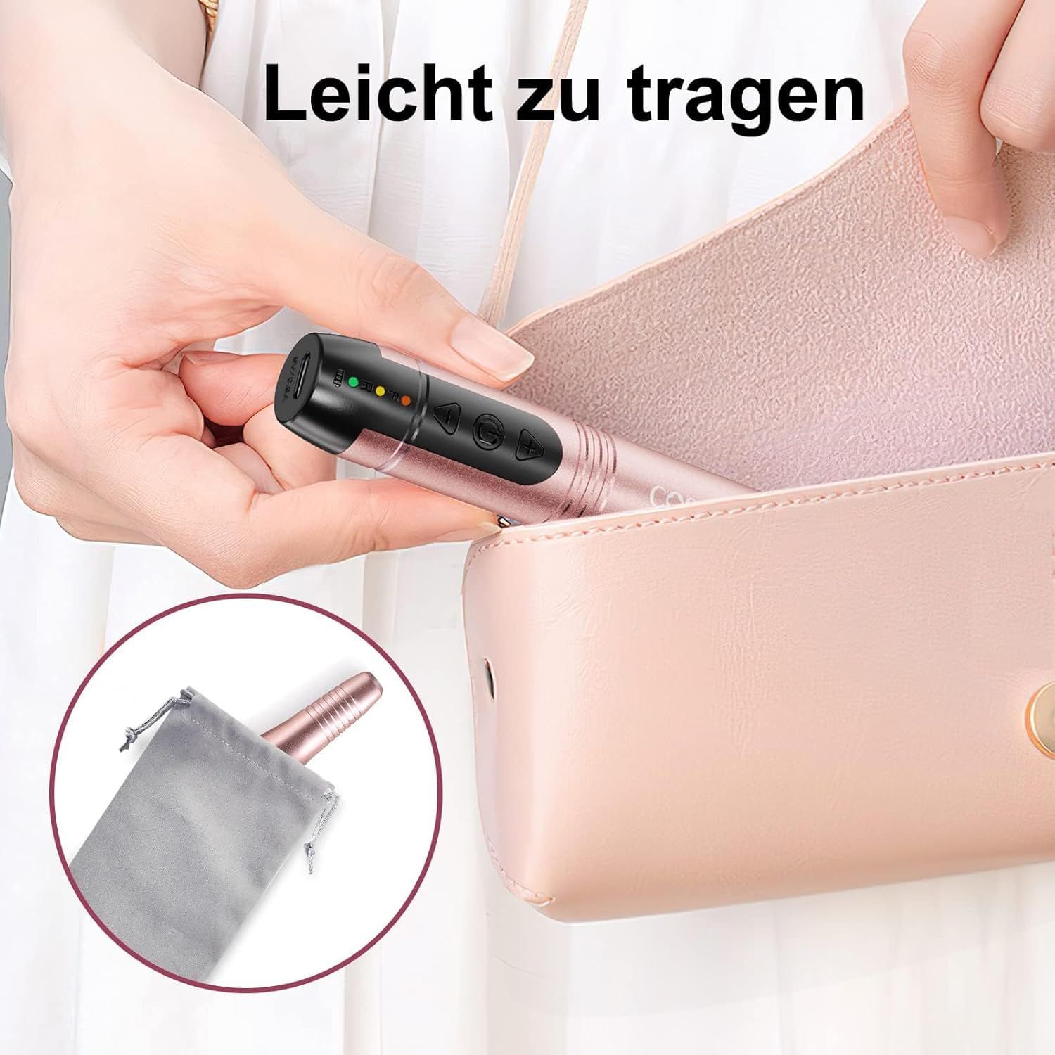 Fraiseuse à ongles rose avec section de commande noire et indicateur de charge, glissée dans une pochette rose.