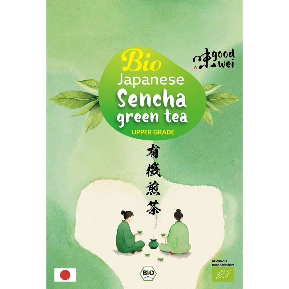 Emballage de Goodwei Bio Japanese Sencha Grüntee. Vert et blanc, avec des caractères japonais et des illustrations.