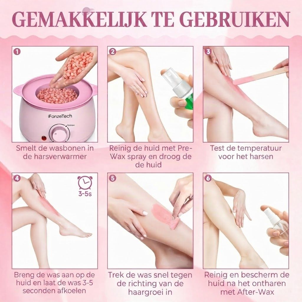 Een roze waxverwarmer met waxbonen en een hand die bonen toevoegt.