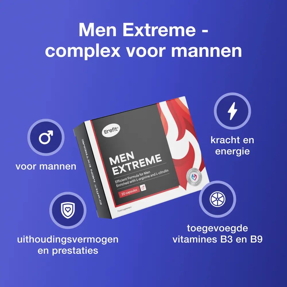 Erefit Men Extreme. Productverpakking. Tekst: Men Extreme. 20 capsules. Voor mannen. Vitaminen B3 en B9.