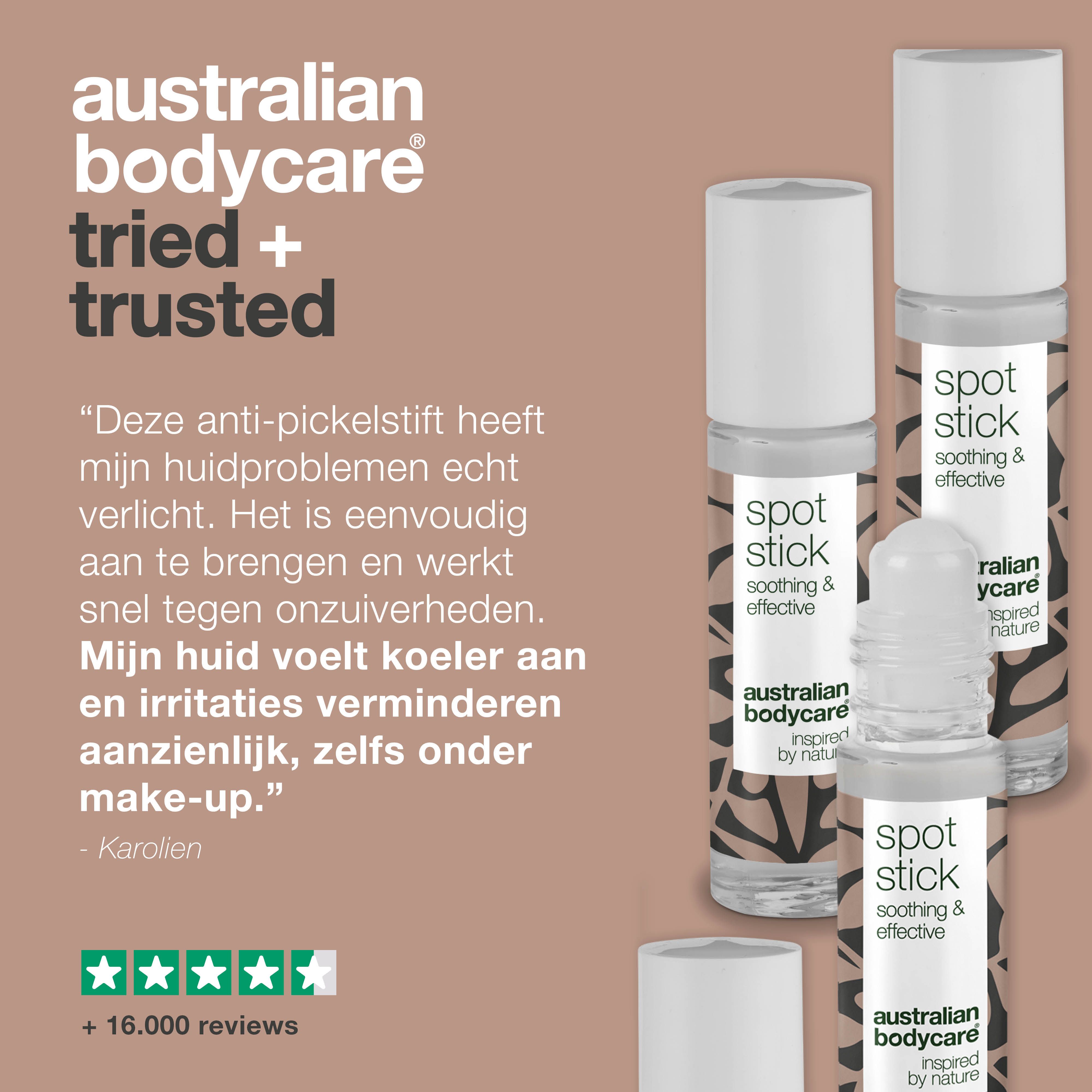 Drie Spot Stick flesjes. Tekst: Australian Bodycare, beproefd en vertrouwd. Citaat.