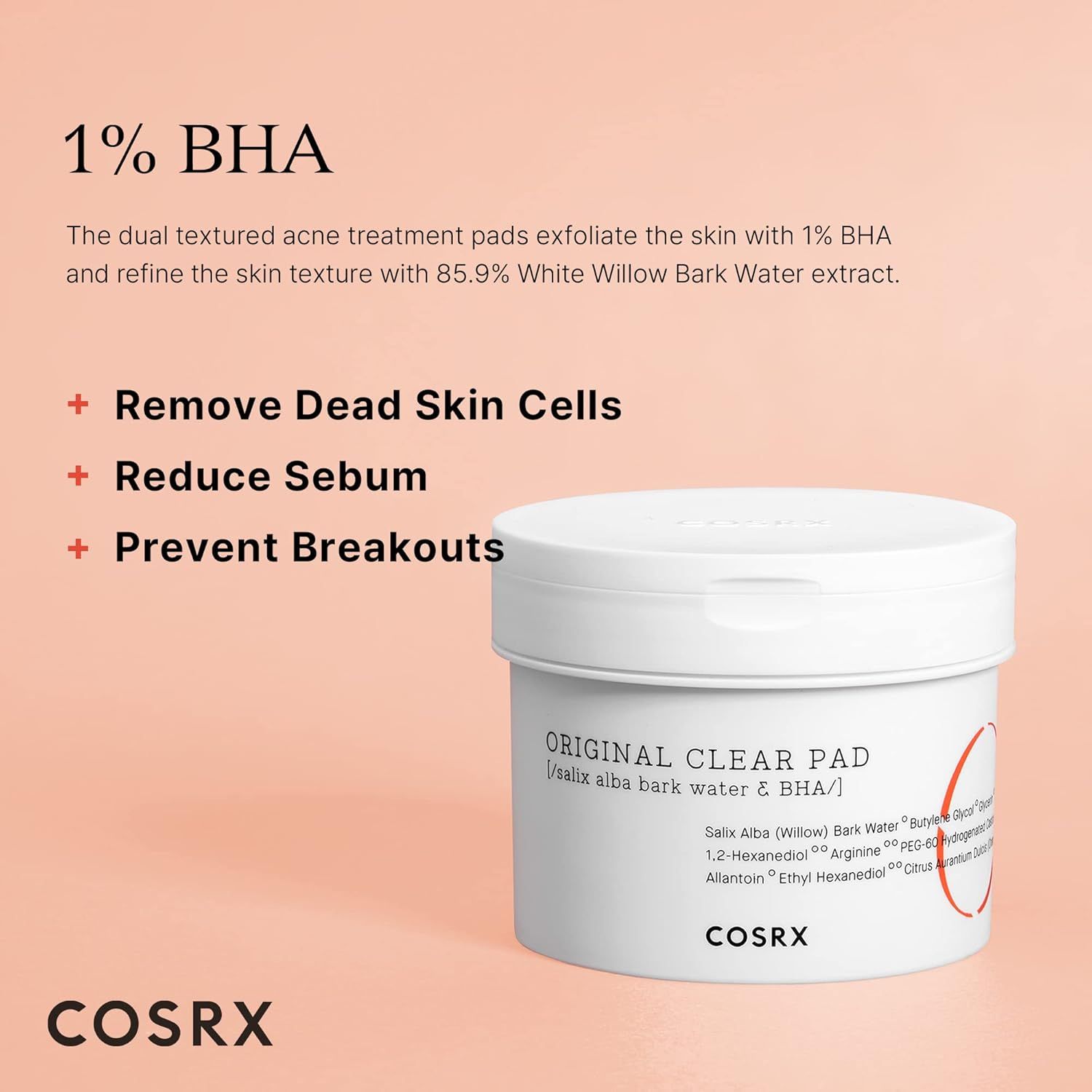 Pot COSRX Original Clear Pad, 1% BHA, bénéfices : élimine les cellules mortes, réduit le sébum.