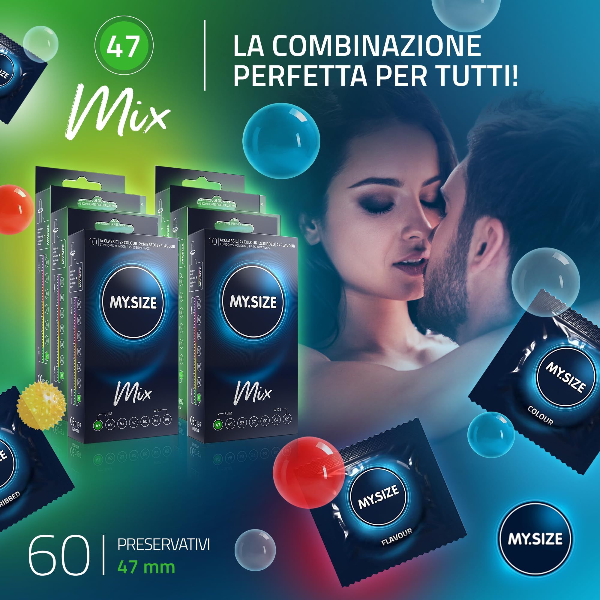 MY.SIZE Condoms Mix, 47mm breed, 60 stuks. Meerdere verpakkingen en individuele sachets zichtbaar.