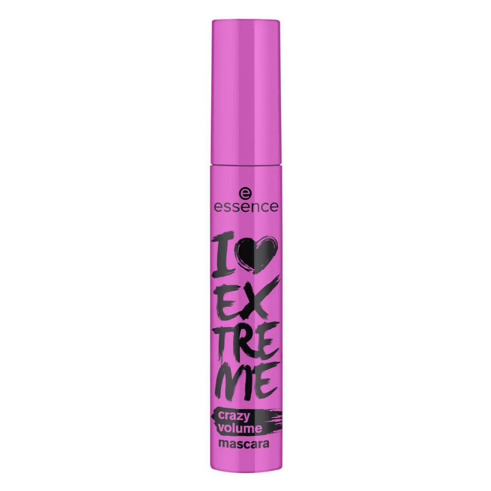 Tube de mascara rose avec texte noir. Inscription : I LOVE EXTREME crazy volume mascara. Capuchon noir.