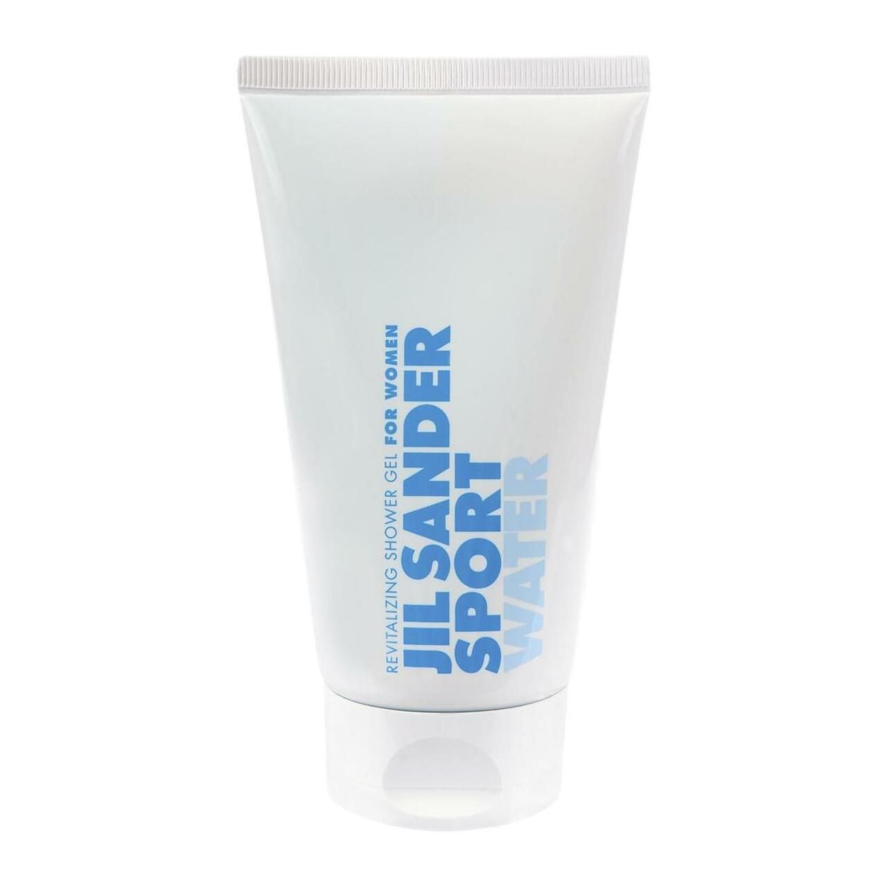 Witte tube met blauwe tekst: Jil Sander Sport Water. Dop onderaan. Douchegel.