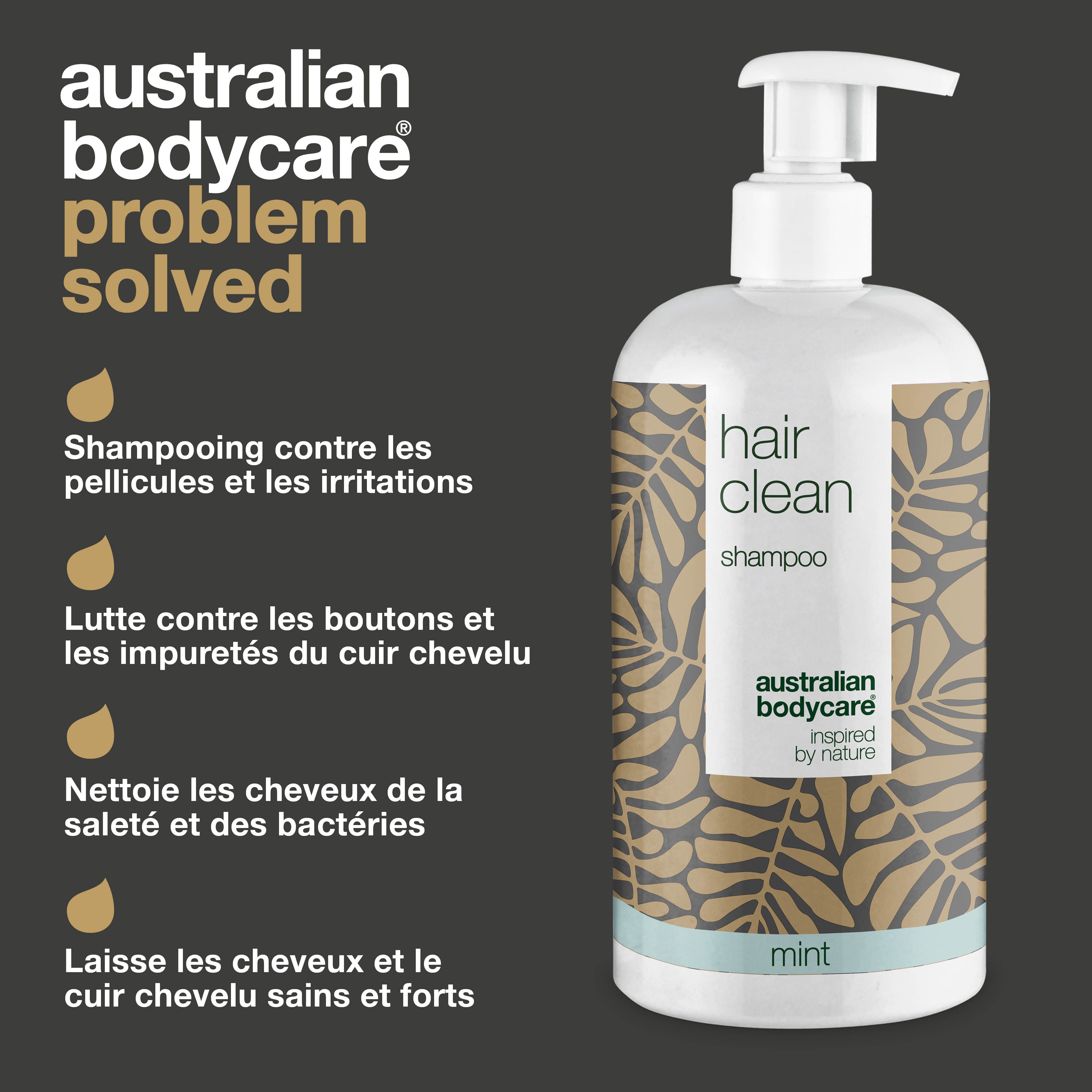 Flacon de shampooing avec texte. Inscription : Hair Clean, Australian Bodycare. Texte : Shampooing contre les pellicules et les irritations.