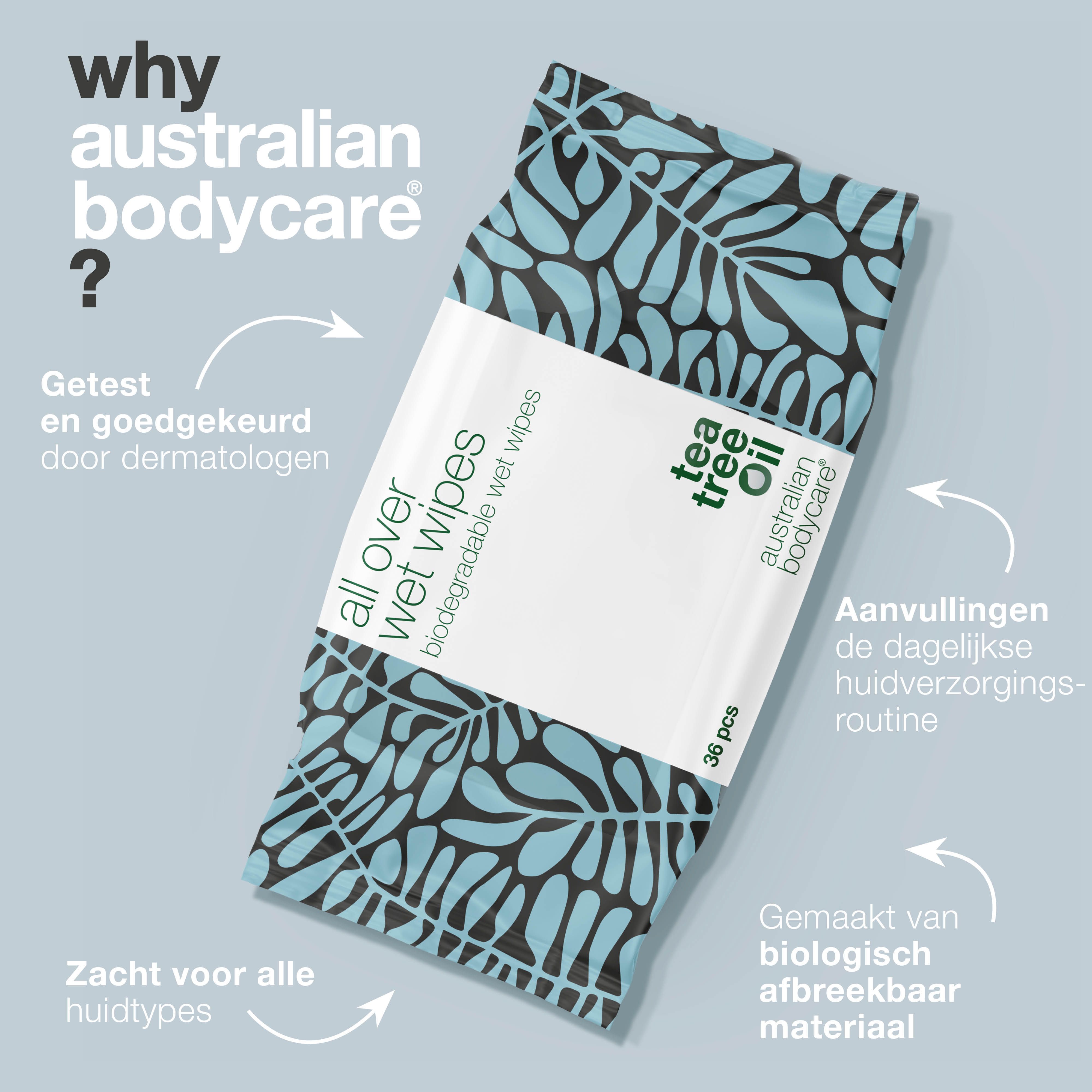 Verpakking vochtige doekjes met tea tree olie. Tekst: all over wet wipes. Tekst: Australian Bodycare. Tekst: Why Australian Bodycare?