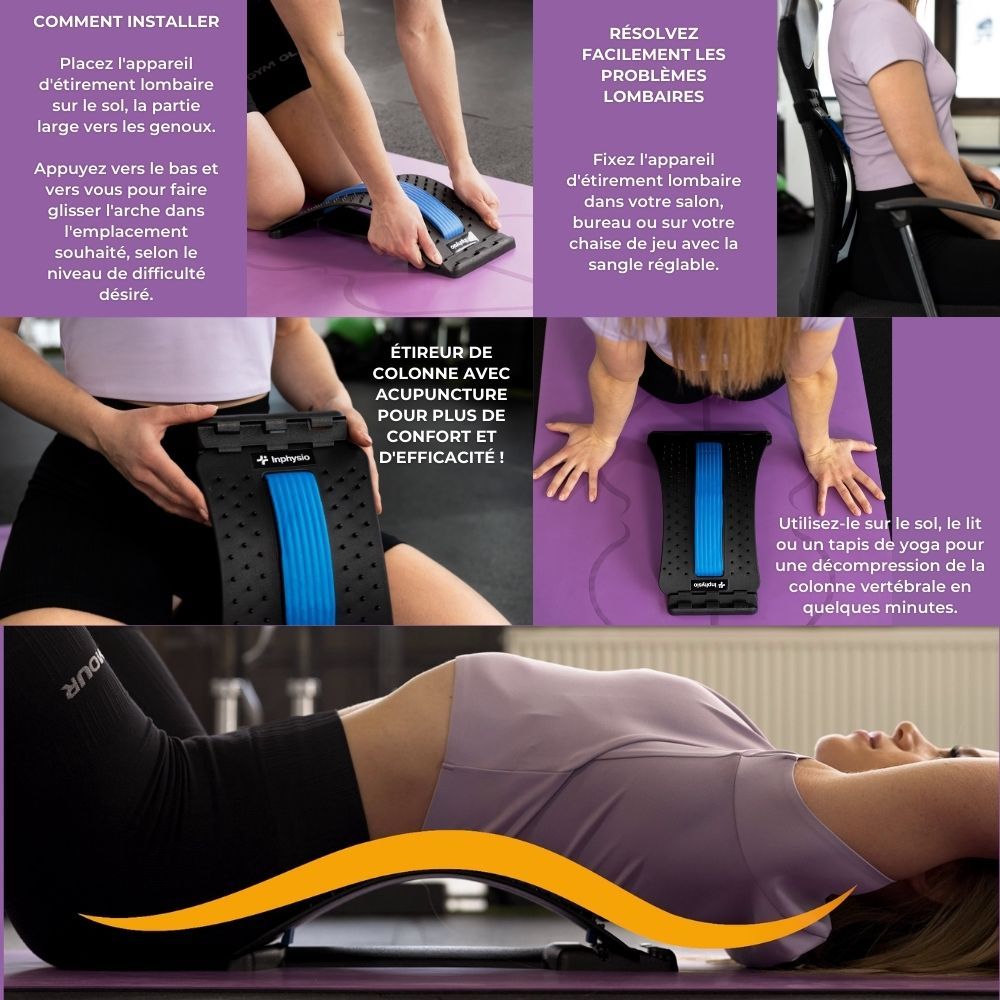 Collage avec images du produit et instructions d'utilisation. Appareil d'étirement du dos avec insert bleu et points d'acupression.