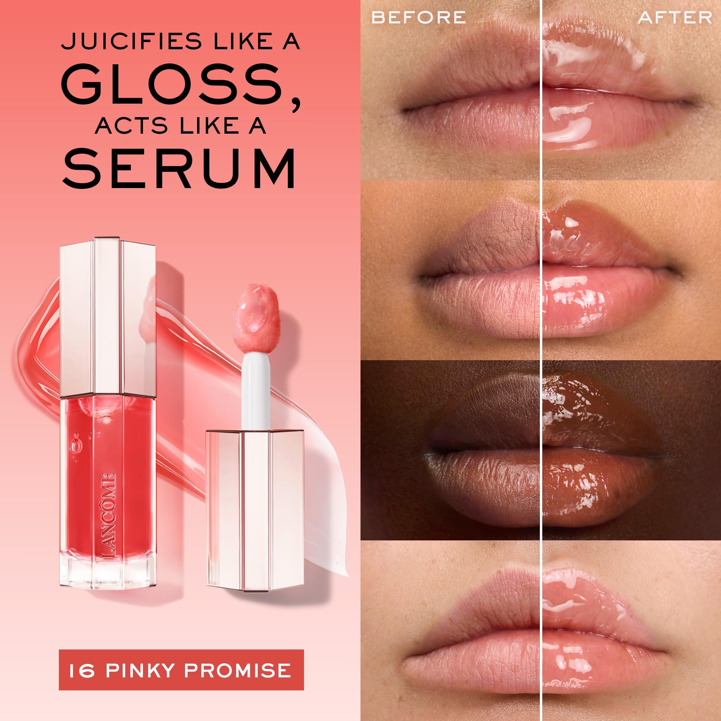 Gloss à lèvres Lancôme Juicy Tubes. Texte : « Juicifies like a gloss, acts like a serum ». Comparaison avant/après. 16 Pinky Promise.