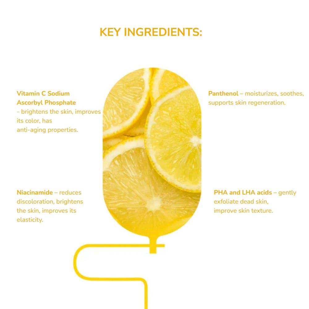 Graphique avec tranches de citron. Texte : Vitamine C, Niacinamide, PHA et acides LHA, Panthénol. Texte jaune et blanc sur fond blanc.