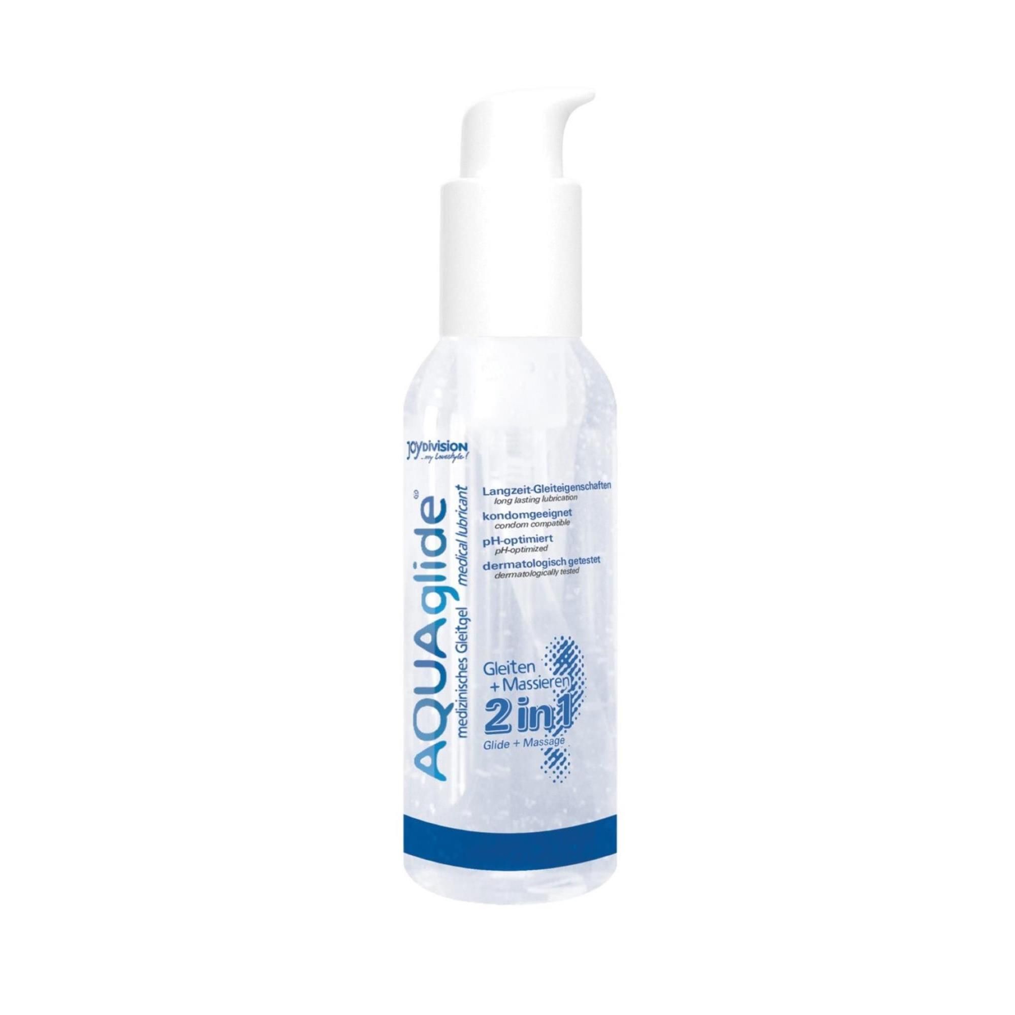 Transparante fles met witte pomp. Opschrift: AQUAglide 2in1, medische glijmiddel, pH-geoptimaliseerd. Merk: Joydivision.