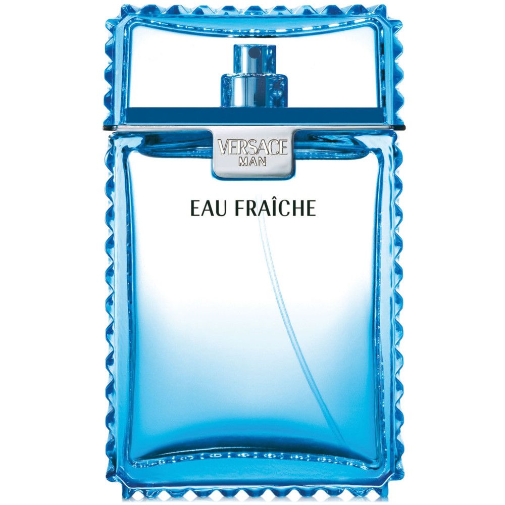 Lichtblauwe parfumfles. Vierkante vorm met gekartelde randen. Opschrift: VERSACE MAN EAU FRAICHE. Zilveren verstuiver.