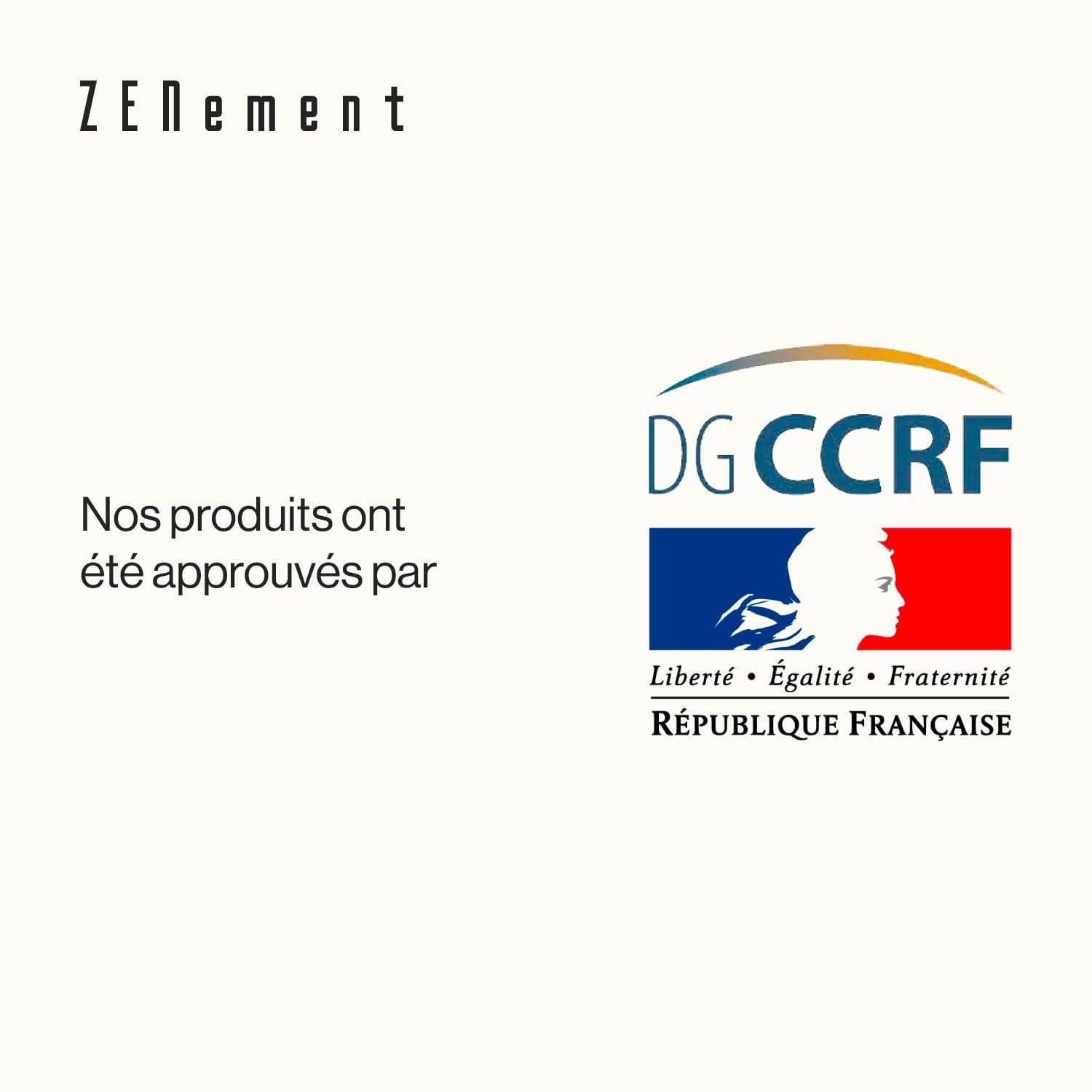 Logo ZENement avec sceau français DGCCRF et texte 'Nos produits ont été approuvés par'.