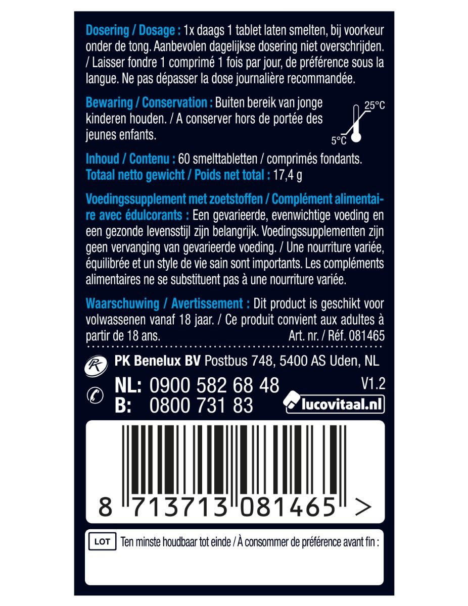 Tekst op blauwe achtergrond. Informatie over de werking van vitamine B12 en foliumzuur. Tekst in het Nederlands.