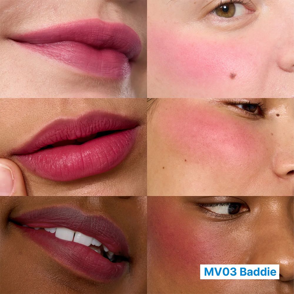 Lippen en wangen op verschillende huidtinten met mauve-bessenkleuren.