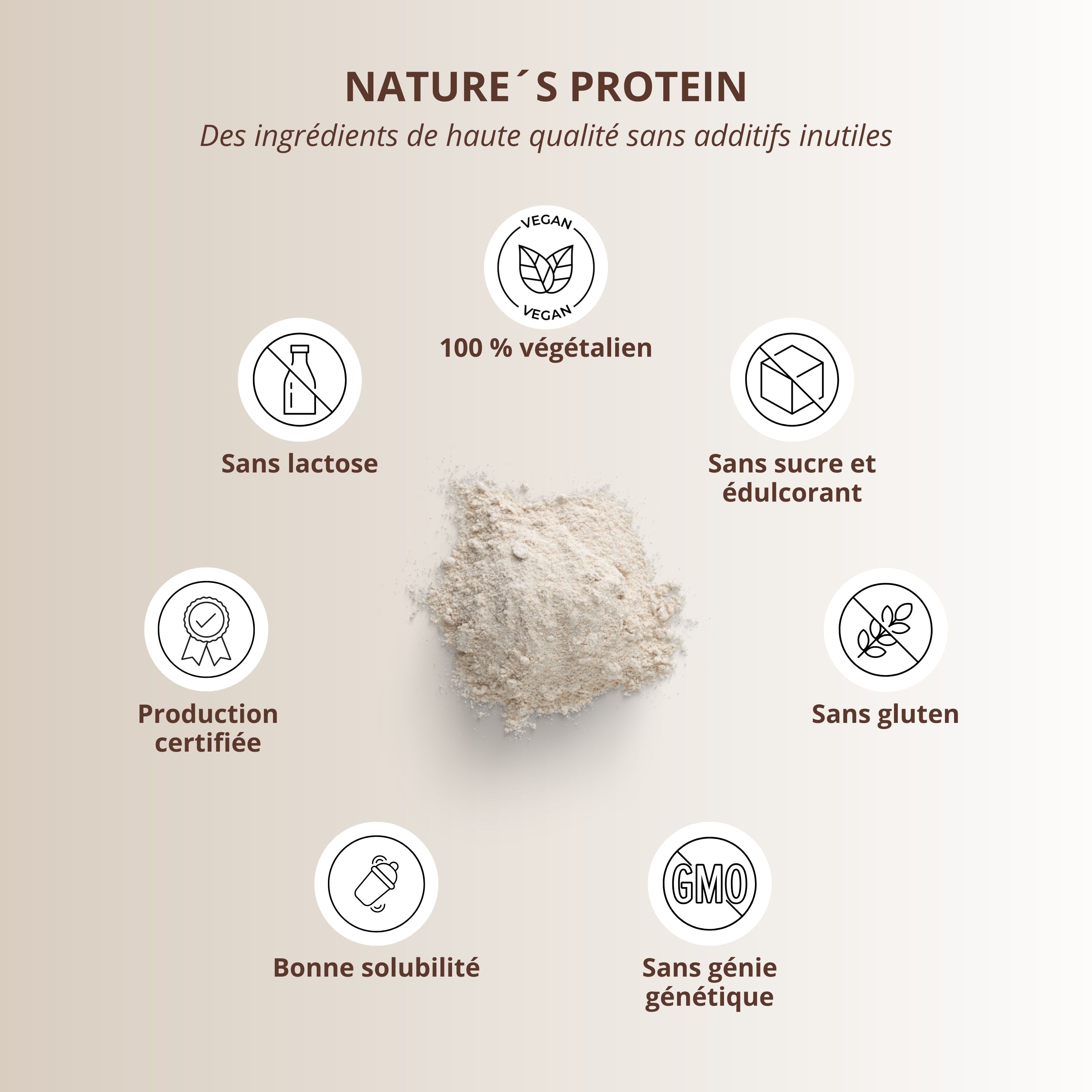 Disposition circulaire de symboles. Texte : 100% végétalien, sans OGM, sans gluten, production certifiée, bonne solubilité, sans sucre et édulcorant, sans lactose.