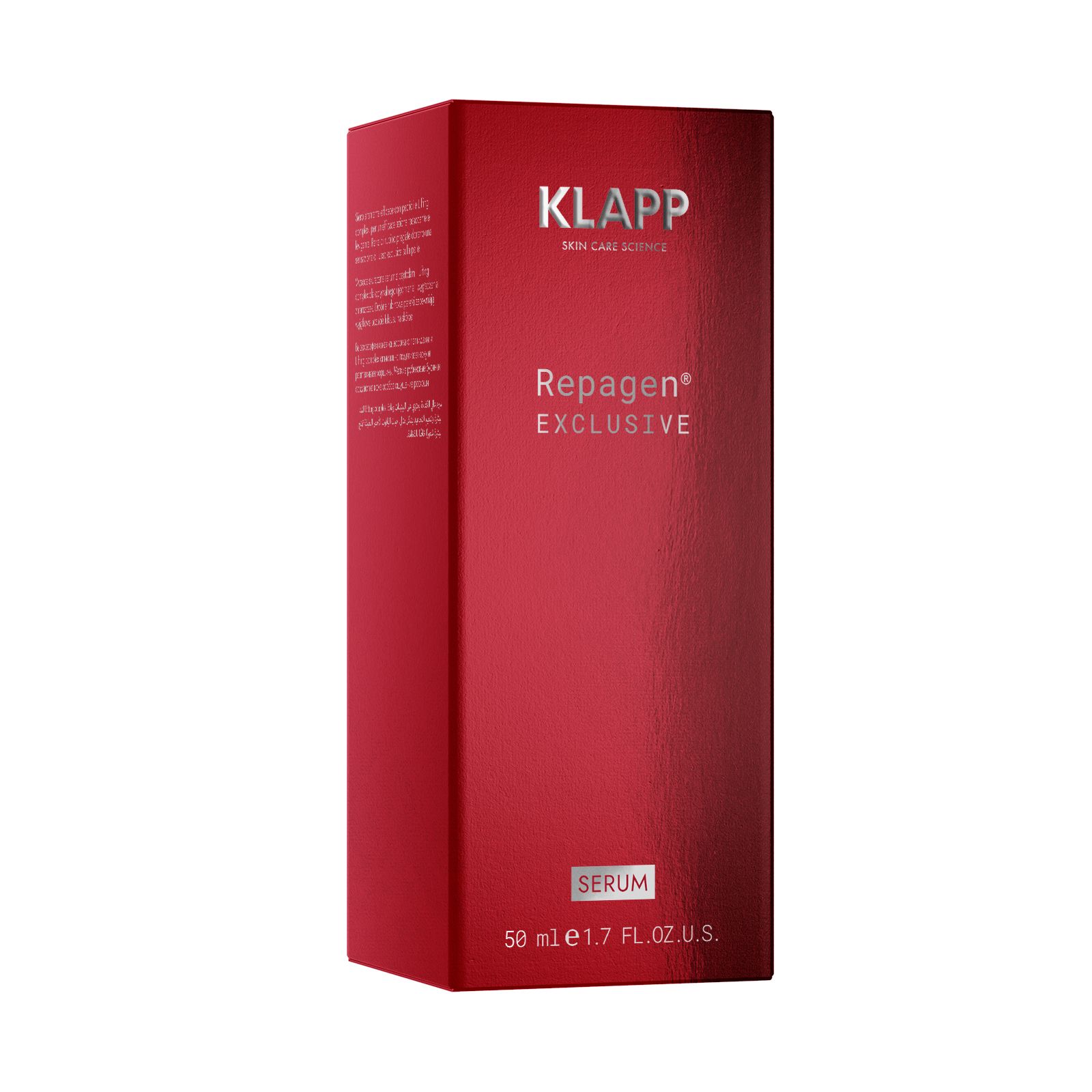 Rode verpakking met productnaam en logo. Tekst: Repagen Exclusive Serum. Onder: 50 ml 1.7 FL.OZ.U.S.