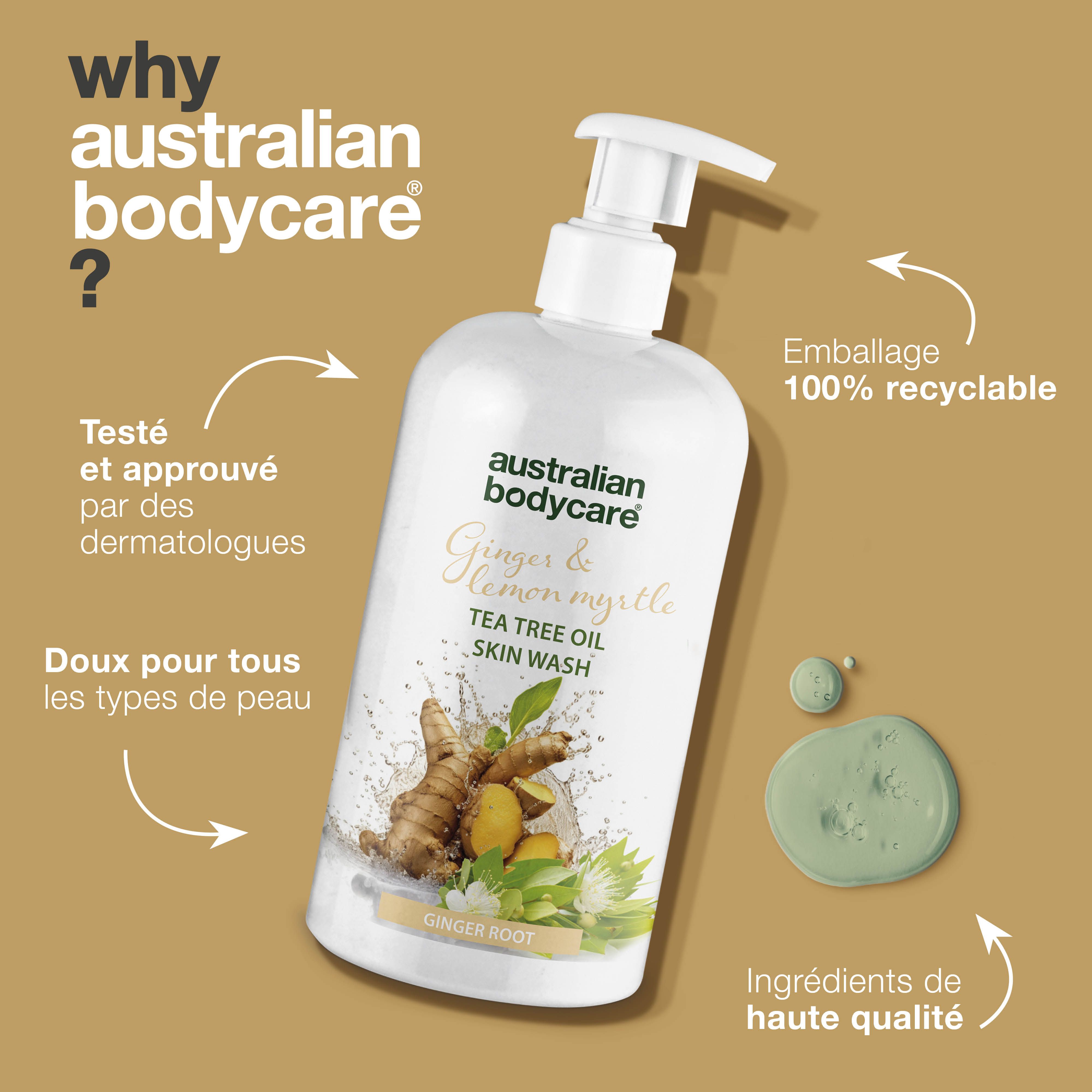 Flacon de produit. Texte : Pourquoi Australian Bodycare ? Inscription : Australian Bodycare, Ginger & Lemon Myrtle, Tea Tree Oil Skin Wash.