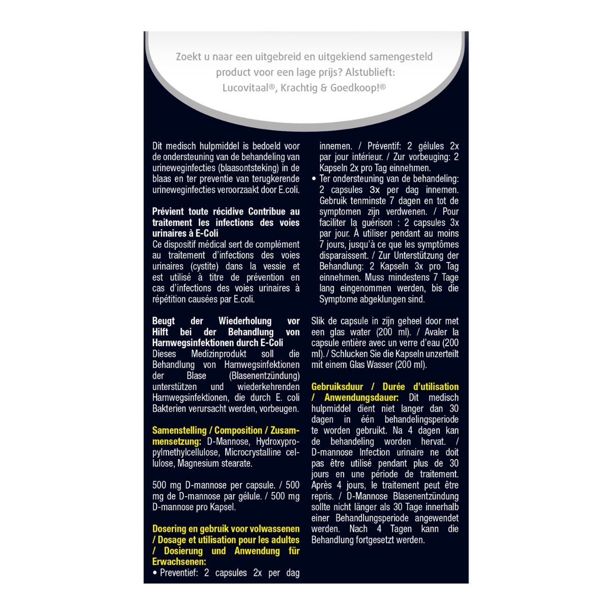 Tekst op witte achtergrond. Informatie over gebruik en ingrediënten. Tekst in het Nederlands, Duits en Frans.