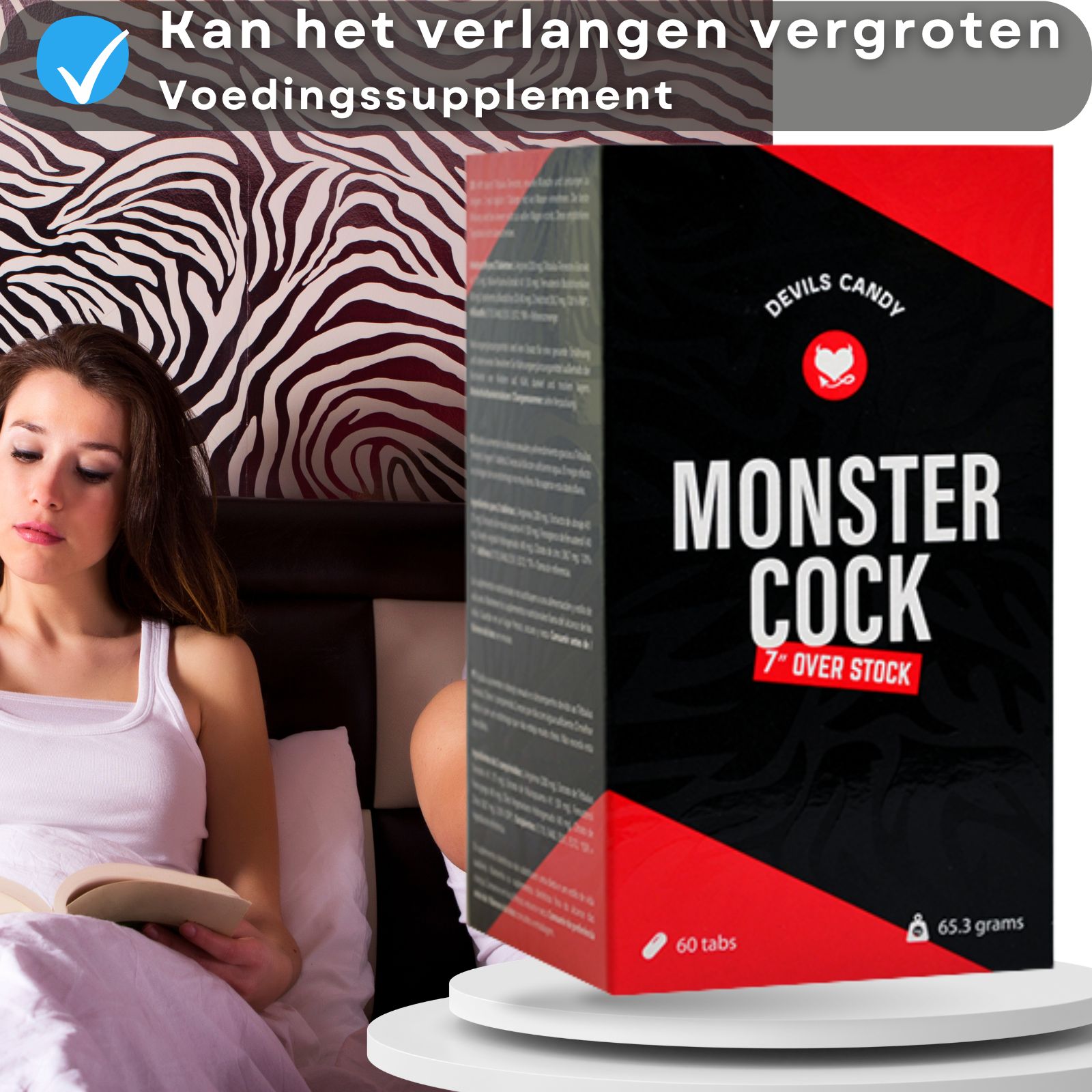 Vrouw leest in bed. Doos met MONSTER COCK. Tekst: Kan het verlangen vergroten.