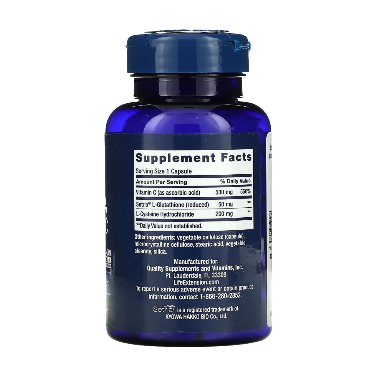 Arrière d'une bouteille de capsules bleu foncé avec les informations nutritionnelles pour Life Extension Glutathion, Cystéine & C.