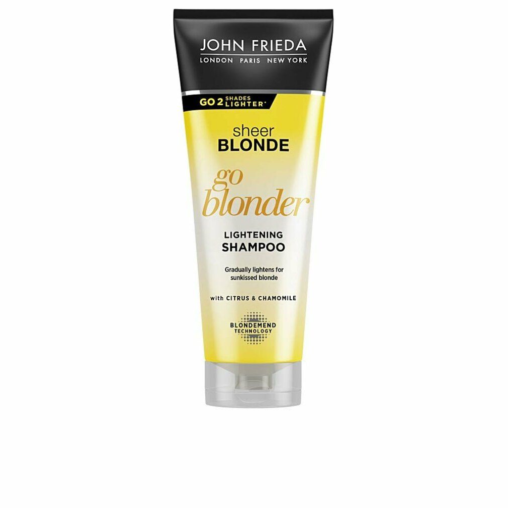 John Frieda Sheer Blonde Go Blonder shampoo. Gele tube met zwarte dop. Productnaam en logo duidelijk zichtbaar.