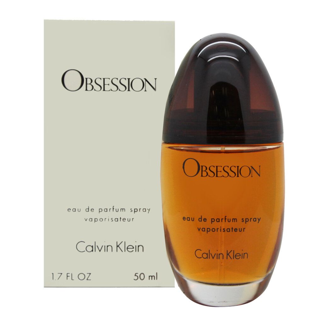 Flacon de parfum et emballage. Flacon avec bouchon marron, logo Obsession. Emballage avec logo Obsession, Calvin Klein, 1.7 FL OZ, 50 ml.