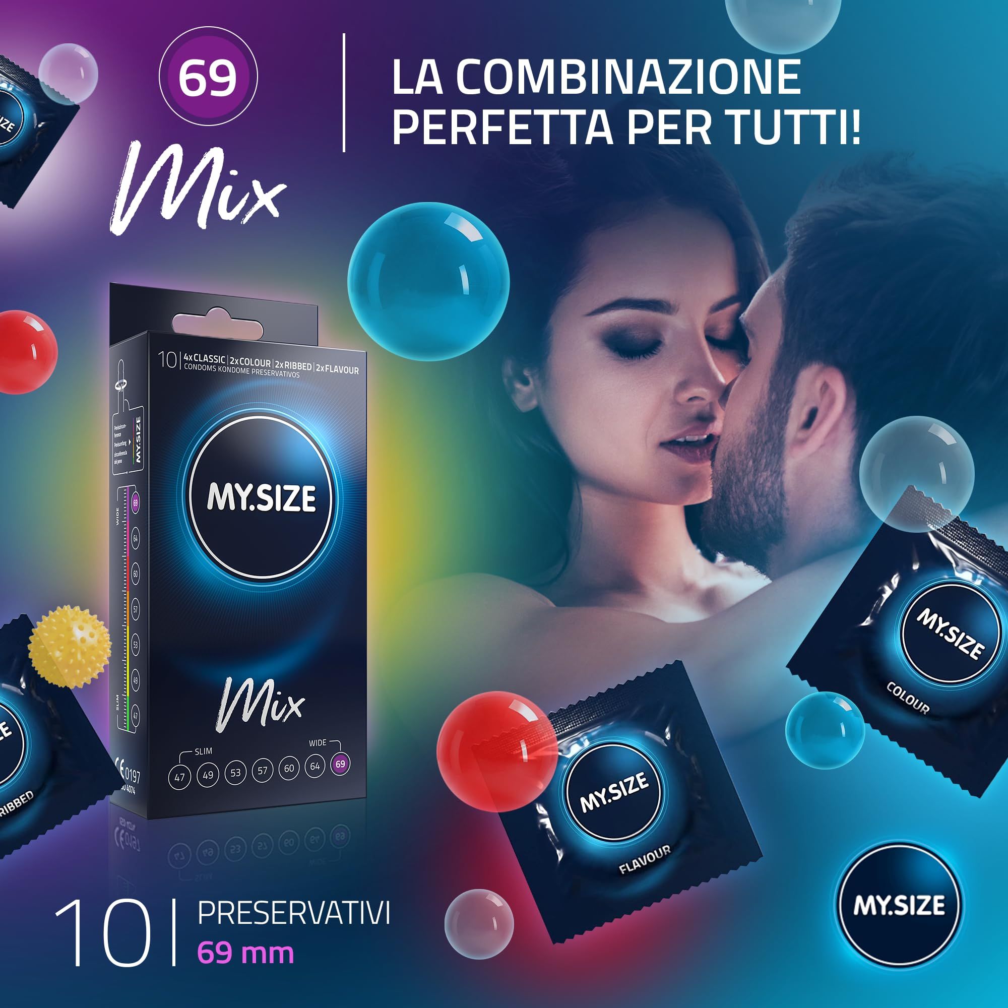 MY.SIZE Mix préservatifs 69mm: Boîte, emballages individuels (Classic, Colour, Flavour, Ribbed) et un couple.