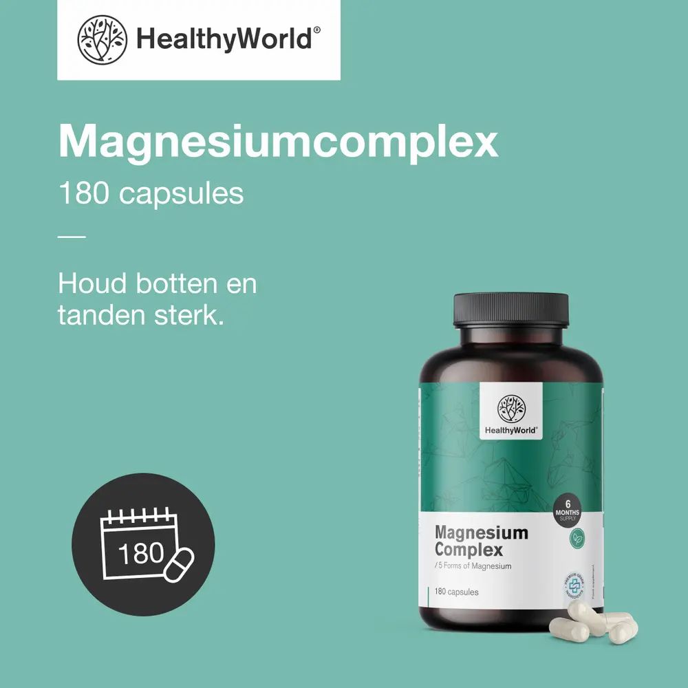 Reclamebeeld met vrouw. Fles met capsules rechts. Tekst: Magnesiumcomplex, 180 capsules. Tekst: Houd botten en tanden sterk.